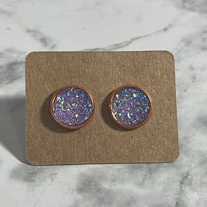 Handcrafted Purple Geode Stud Earrings in Rose Gold